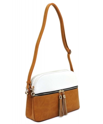 Dual Tone Zip Tassel Multi Compartment Crossbody Bag LP050 WHITE MUSTARD